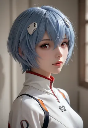 portrait of Rei Ayanami from evangelion dressing, wearing a white plug suit, blue hair, straight hair, bobcut, hair between eyes, red eyes, cute, small nose, pink lips, athletic body, view from side