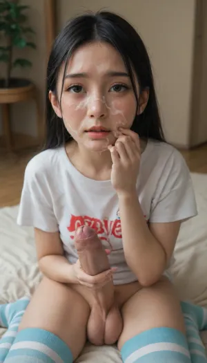 (authentic Japanese woman:1.4), (100% Japanese ethnicity:1.5), (unmistakably Japanese:1.5), (pure Japanese facial features:1.5), (true Japanese face:1.5), (natural Japanese facial structure:1.4), (native Japanese appearance:1.4), (East Asian facial proportions:1.3), fair Japanese skin, straight black hair, shoulder-length black hair, silky smooth black hair, black eyes, almond-shaped eyes, puffy nipple, (hair behind ear:1.3), face focus, extra detail in face, extra detail in eyes, blushing, full-face blush, look, (parted lips:1.3), (pastel colored nails:1.3), (flaccid massive penis:1.3), (massive balls:1.3), (lengthy thick foreskin:1.3), delicate hands, shy, embarrassed, (prettiest:1.3), (sweetest:1.3), pastel colored wallpaper, sitting, legs apart, tired, (shy:1.3), pastel colored college dorm room, heart pillows, highly detailed, excessive detail, hd, 4K, heart-shaped face with soft rounded contours, subtle blush on her cheeks, expressive gaze, (futanari:1.3), (pretty face:1.3), closed lips, (shy face:1.3), round face, hot, horny, full body view, perfect thighs, round wide hips, firm ass, (striped pink and blue stockings:1.3), (T-shirt with inscription, "DADDY'S WHORE":1.3)