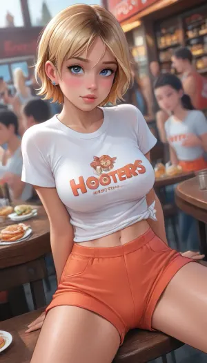 BREAK, (Gwen:2), (close:.2), (looking back:.2), (girly:2), (petite:.2), (slender:.2), (youthful:2), (cute:.2), (fit:.2), (slutty:.2), (sexy:.2), (busty:2), (curvy:.2), .
BREAK, (Hooters t-shirt:1.8), (orange hotpants:1.7), (sitting:1.5), (open legs:1.6), (Hooters:1.5), (crowds:1.6), (dynamic view angle:2), (tanned:1.6), (tan lines:1.8), (dark complexion:.2), (makeup:.2), (freckles:.2), (sweaty:1.2), (pussy juices:.2), (shy:.2), (blushing:.2), (worried:.2), (flirty:.2), (excited:.2), (moaning:.2), (begging for sex:.2), (head tilt:.2), .

BREAK, (REIQ style:1.1), Melkor Mancin style.
BREAK, <lora:cartoon_stickers_xl_v1:.3>