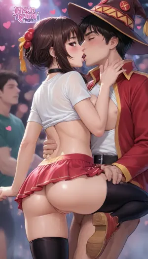 (REIQ style:1.1), Melkor Mancin style, (null art:1.4), intricately detailed, ultra quality, ultra detail.
BREAK, (Megumin:1.1), (looking back at viewer:1.5), .
BREAK, (super adorable and fuckable:1.4), (large voluptuous breasts:1.3), thick thighs, (tidy godpussy:1.4), (hypnotizing eyes:.8), (raised eyebrows:1.4), (adorably flustered and worried:.8), (heart love:1.5), (moaning:1.2), (blushing:1.2), (orgasmic expression:2), (wet:1.8), choker, (lifted t-shirt:1.2), thigh highs and leather boots.
BREAK, (leaning in to kiss viewer:2.5), (dancing sensually with a man:2), (flashing pussy:1.5), (leg up:1.5), (squeezing breasts:1.6), (microskirt:1.5), (rave party:1.1), (crowds:1.4), closeup, low view.
BREAK, <lora:cartoon_stickers_xl_v1:.8>, <lora:ratatatat74-000050:1.3>