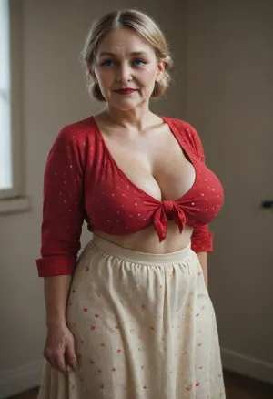 ((((kurdish granny)))), blonde hair bun, (((wrinkles, age marks, textured skin in the face, skin details, big eyes))), red lipstick, moles, poppy ears, curvy body, wide hips, thick thighs, wearing long flying skirt, and a red polka dot blouse, ((medium size boobs, huge large areolas barely visible in her cleavage)), overflowing cleavage, ((very saggy boobs)), veiny boobs, heavy boobs, side back view