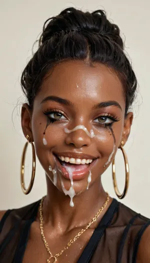 1girl, black_hair, hoop_earrings, dark_skin, earrings jewelry, solo, smile, hyper facial cum, dark-skinned_female, running makeup, open_mouth, mole, portrait, looking_at_viewer, teeth, mole_under_eye, lips, hyper hughe facial, black_eyes, finger_to_mouth, massive bukkake
