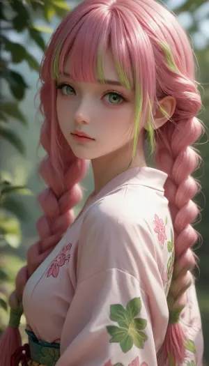 portrait of a curvy woman, Mitsuri Kanroji from Demon slayer, wearing a kimono, very long hair, (pink hair with green highlights:1.5), (twin braided ponytails), hair between eyes, blunt bangs framing her face, green eyes, cute, small nose, athletic body, half body view, view from side