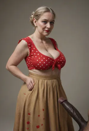 ((((kurdish granny)))), blonde hair bun, (((wrinkles, age marks, textured skin in the face, skin details, big eyes))), red lipstick, moles, poppy ears, curvy body, wide hips, thick thighs, wearing long flying skirt, and a red polka dot blouse, ((medium size boobs, huge large areolas barely visible in her cleavage)), overflowing cleavage, ((very saggy boobs)), veiny boobs, heavy boobs, ((black penis is visible)), black penis is ejaculation on her chest, side back view