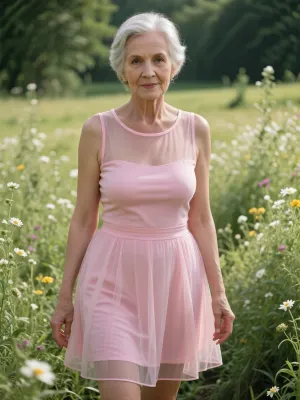 sunny green floral field, (Lady in pink very simple very minimalist insanely sheer hoopdress:1.9), (((extremely aged hyper-elder 90 year old grandma:1.9))), slim, thin, short, tender, kind, lovely, tempting, (busty:1.3), full body view, wide shot, swallow depth of field, HDR, ultra high quality, extremely detailed, (((masterpiece:1.9))), epic