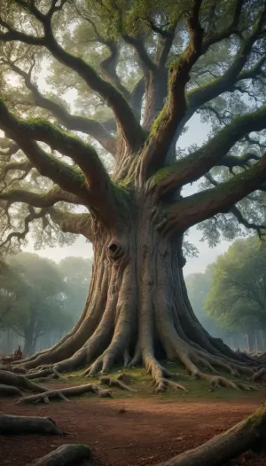 (painting in Paolo Serpieri style), An old huge monstrously thick oak tree in the middle of magic forest, destruction, desolation, (fantasy setting, medieval entourage, mystique atmosphere)