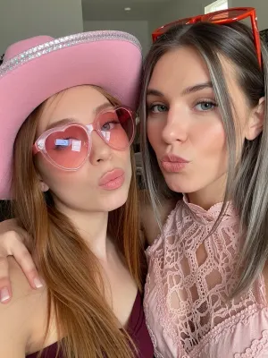 Create a square, close-up smartphone selfie of two fair-skinned people posing closely together indoors, a young woman on the left and an adult woman on the right. Their faces fill almost the entire frame, photographed at eye level with a slightly wide-angle front-facing phone camera. Both are making a playful “duck face” expression, with softly pursed lips, and are looking directly into the camera.

The young woman on the left has long, straight strawberry-blonde to light auburn hair, falling across her shoulders and chest. She wears an oversized pink cowgirl hat with a wide, gently curved brim. The hat has a pale blush-pink centre, vivid hot-pink edging and a subtle pearlescent or iridescent shimmer along parts of the brim. She also wears large, translucent pink heart-shaped sunglasses with rosy lenses and a shiny plastic frame. Her eyes remain faintly visible through the tinted lenses. A small bright white reflection from the phone or room lighting appears on the lower area of one lens. She is dressed in a dark plum or burgundy top, only partially visible at the bottom of the image.

The adult woman on the right has long, straight ash-blonde hair with darker roots, parted neatly through the centre and falling smoothly over both shoulders. She has light blue-grey eyes, softly shaped eyebrows, subtle neutral eye makeup, lightly contoured cheeks and glossy nude-pink lips. Include a tiny metallic nose stud on one nostril. Her expression is relaxed and playful, with her head tilted slightly toward the girl. She wears a dusty rose or muted mauve sleeveless lace top with a high scalloped neckline. The lace should have intricate floral and looping patterns, with slightly transparent sections revealing the fabric structure. A pair of narrow, bright coral-red or orange sunglasses rests on top of her head.

The woman has one arm wrapped naturally around the girl’s shoulders, drawing them close together. Her hand is visible near the far-right edge of the frame, resting comfortably behind the girl. Their cheeks are close, creating the feeling of an affectionate, spontaneous family selfie.

Use soft, warm indoor lighting with mild pink undertones. The light should be even across both faces, with gentle shadows and slightly smoothed skin similar to a subtle social-media beauty filter. Preserve realistic skin texture while maintaining the softly polished appearance of a phone selfie. Add faint catchlights in their eyes and glossy reflections on their lips and sunglasses.

The background is mostly out of focus and partially obscured by their heads. Include a pale grey wall or doorway behind them, a few dark shadowed areas, and a small glimpse of leafy indoor greenery in the upper-left corner. The upper-right background should be darker, with a bright coral-red horizontal object or reflection near the top edge. Keep the background visually quiet so the pink accessories and faces dominate the image.