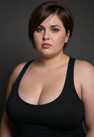 Portrait, (Plumper tomboy), fatty, pretty eyes, wide jawline, Short Hair, adult, tank top, massive chest, full fat cleavage