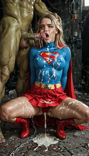 8k, score_9, score_8_up, score_7_up, FILM PHOTOGRAPHY STYLE, cinematic photography of a woman, professional portrait photo realism, ultra detailed face, perfect body, perfect pale shiny skin, narrow calves, narrow hips, long slender legs, narrow waist, detailed face, Supergirl, DC Extended Universe Supergirl movie costume, tight sky blue top long sleeves, red skirt, red boots, yellow belt, red long cape, single emblem on chest only, plain red panties, blue eyes, blonde hair, perfect skin, middle breasts, middle ass, messy hair, erect nipples, monster green orc sex, perfect anatomy, vaginal deep penis, vaginal deep penetration, all uncensored, action lines, motion line, chains bondage arms, chains bondage, chains, chains around, vagina dripping puddle, focus sex, multiple filled, over filled, body fluid, sweaty, steaming, heavy breathing, heavy moaning, cum of drooling down, body fluid puddle, green lighting, emits a green light, emits green light to women, trembling, cum covered clothes, cum on hair, cum on clothes, excessive cum on face, excessive cum in hair, huge amount of cum, excessive cum, clothes covered in cum, single woman, <lora:detailed_notrigger:1>, <lora:LCMTurboMix_Euler_A_fix:.8>, <lora:ratatatat74-000050:.8>, <lora:NEOTOKIOXL_0.2_RC:.8>