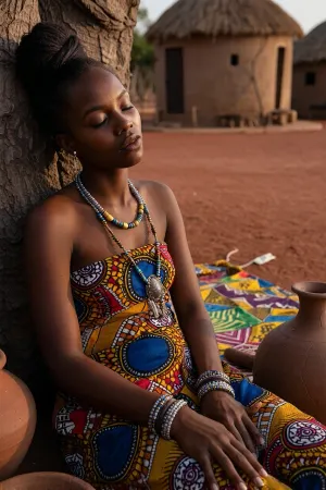 Professional photograph depicting perfect natural beauty and cultural richness. sharp focus on face, superb beautiful African young woman dozing, head slightly tilted to one side, eyes closed serene peaceful expression, full face visible and detailed, seated against ancient baobab tree trunk, wearing vibrant colorful wax print dress, traditional beaded necklace and bracelets, remote African village setting, traditional mud banco houses in background, colorful wax fabric spread on red earth ground, clay calabash pots beside her, warm golden late afternoon sunlight falling directly on her face, soft golden rim light on cheekbones, golden light, red ochre earth ground, shallow depth of field sharp focus on face, fingers visible resting in lap, natural fingernails, rich warm color palette, cinematic intimate atmosphere