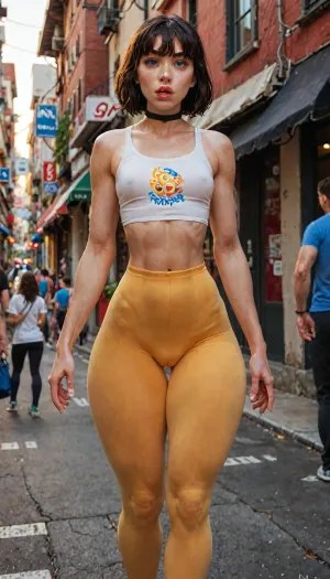 One young woman, day, 4k, (extremely detailed faces and bodies:1.3), (front side angle looking front:1.2), (skinny tight body:1.2), (small waist:1.4), (small thick thighs:1.7), (hyperdetailed face focus:1.3), (small puffy ass:1.2), (flat chest:1.1), detailed hands and 5fingers, (tank top, colorful yellow printed cotton yoga pants:1.1), (Detailed black bangs hair:1.3), expressive blue eyes, straight dark thick eyebrows, a choker, big lips, (soft half open mouth), (street:1.1), huge lips. incase, flat, chest, breasts, small, hips, wide, muscular, female, arms, (ultra, HD, quality, details), reij-snrs, light, and, shadow, by, <lora:Venus_Body_Alpha:2>, <lora:sunriseSDXL-000009:2>, <lora:sd_xl_turbo_lora_v1-64dim:.8>, <lora:EnvyThiccXL02:.8>, <lora:detailed_notrigger:.8>