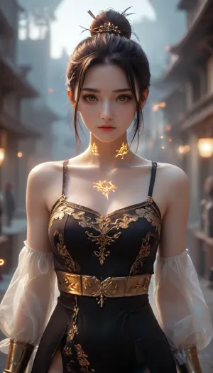 (masterpiece, best quality, ultra-detailed, 8k wallpaper), 1girl, solo, mature female, 26 years old, tall and slender figure, cold white skin, (faint crimson divine patterns on neck and collarbone:1.3), waist-length black hair, (hair tips glowing with dark gold:1.2), loose hair ribbon, amber eyes, (melting gold pupils:1.1), serene and aloof expression, looking at viewer., (clothing, red and black modified ancient Chinese dress:1.4), high slit dress, flowing fire patterns on hem, (black leather bracers:1.2), ornate metal waist cincher, chinese armor elements, standing gracefully, embers floating in air, heat haze effect., (background, ancient Chinese street architecture:1.2), cinematic lighting, soft focus, depth of field, warm lighting, tyndall effect., <lora:ClearHand-V2:.8>, <lora:Wizards__Mages:1.2>, <lora:Magical duel - SDXL v2.0:.5>, <lora:万享（万象修罗）_64:.7>, holographic, fabric, metal, The, girl, was, surrounded, by, magic, arrays, <lora:xl-holographic-全息V20:.8>