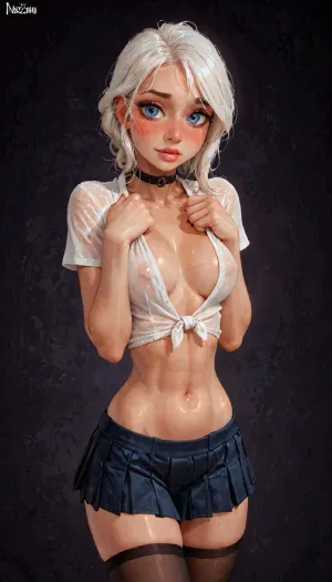 (reiq meets innv and Jack cayless art style), (Incase style:1.2), beautiful girl, (friendly slight smile showing her teeth), (cute seductive face:1.6), (shy pose:1.6), (face closeup), (hip gap:1.4), (((solo))), (black choker), (narrow waist:1), (sexy abs:1.2), (ruined makeup:.6), bangs over eye, (symmetrical blue eyes), (snub little nose:1.1), plumb lips, parted lips, teeth visible, ((half-closed eyes)), (black stockings:1.3), (small natural breasts:1), (erect puffy nipples), 1girl, ((face focus)), beads of sweat, sweat body, (oiled skin:1.4), beautiful curves of the body, realistic detailed, (tied plunging neckline), (view from above:.8), (micro pleated skirt:1.3), deep insertion, intim light, (white knit crop top:1.4), (simple dark background:1.8), skin texture, futuristic-fantasy-anime, <lora:sd_xl_turbo_lora_v1-64dim:2>, <lora:futureistic_fantasy_anime_sdxl_v1:2>, <lora:SDXL_BetterFaces-LoRA_v1:.8>, <lora:Witcher3TurnXL_v1:.8>, (ciri), (cirilla)