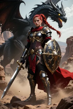 (masterpiece, best quality, hyperrealistic:1.2), photorealistic, detailed, intricate, (portrait of a fierce female warrior, red ponytail braid:1.1), (intricate ornate dark knight armor, gold embellishments:1.3), holding a large sword, shield, red cape, (majestic black dragon in background, glowing yellow eyes:1.2), standing on rocky ground, dusty canyons, dramatic lighting, volumetric lighting, epic scene, fantasy art, cinematic, depth of field