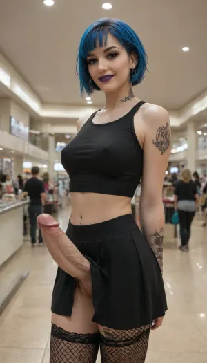 Realistic, emo woman, 18 year old, black long skirt, black top, black fishnet stockings, blue hair, very short hair, black makeup, purple lipstick, tattoos, piercings, (in the mall, big erect penis bulging under skirt, sexy smile), Shopping, Mall, Trfut, flac-futa, flac-penis, photo, artwork, <lora:JJsShoppingMall_XL:.8>, <lora:bulgev1-beta:.8>, <lora:SDXLlora4flFut-000014:.8>