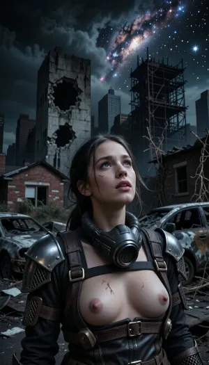 A vertical cinematic portrait captured on 35mm film grain, balancing raw post-apocalyptic realism with a moment of quiet wonder in a post-apocalyptic city. The scene is enveloped in a deep nocturnal midnight atmosphere. High above, a dramatic break in the toxic smog opens to a pitch-black night sky, where a vibrant, hyper-detailed Milky Way galaxy and brilliant stars shine intensely against the deep darkness. In the background, charred car carcasses with burnt-out frames lie abandoned alongside collapsed, destroyed brick houses. Behind them, the dead, hollowed-out concrete husks of Manhattan ruined skyscrapers stand in complete shadow, featuring giant gaping structural holes, shattered walls, exposed rebar, and rusted steel girders overgrown with dry vines. The ruined buildings are entirely pitch-black, dead, and shattered, solely illuminated by the cold celestial glow from above. Centrally framed in a tight medium close-up portrait, a young woman looks upward toward the starry cosmos, her face softly lit by the cool, dim glow of starlight breaking through the dark night. Her face radiates breathless astonishment, with her lips slightly parted in a quiet gasp of revelation as if seeing the star-filled sky for the very first time, the faint corners of her mouth lifted in a subtle, unconscious touch of awe. Her wide, luminous eyes glisten, reflecting the shimmering stars above. She has high cheekbones, detailed features, and dusty, wind-blown hair with small braids framing her face. Unclipped and pulled down to rest at her neck, a heavy industrial gas mask hangs against her collarbone. She wears a realistic post-apocalyptic survivor kit, a dark, weathered leather utility harness with brass buckles, straps, and tactical shoulder pouches, complemented by hammered metal shoulder pauldrons with chainmail elements covering her arms. She wears no top or shirt beneath the harness, exposing her chest and torso, with her smooth skin marked by subtle charcoal greasepaint. Extreme low-key lighting driven exclusively by cold starlight, with deep black shadows emphasizing the dark night mood and the rich textures of skin, leather, metal, chainmail, and crumbling concrete. Shot on a prime 85mm lens, (f/1.8), for a shallow depth of field, keeping her face and detailed harness in sharp focus against the dark starry sky and shadowed ruins. Authentic 35mm film stock, raw texture, cinematic night composition.