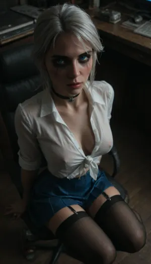 (score_7_up, score_8_up, score_9, 1girl, solo, masterpiece), (shy face:1.4), (plunging neckline), (Cleavage), (club foot), ((red pleated micro skirt)), 22yo girl, (athletic skin body), (narrow waist:1.4), ((hip gap)), (white wide choker), ((into the office)), (sitting on the chair), ((spit dripping of her chin:1.5)), ((black wet tight stockings with garters:1.5)), (latex garters:1.5), (wet stockings), (chiaroscuro lighting:.5), ((blue_eyes:2)), (ruined makeup:1.2), erected nipples, ((white tied transparent thin crop shirt:1.5)), ((view from overhead:1.3)), (Big perky tits:1.3), (sneakers), (view from above:1.5), <lora:sunnyrayyxo_v1_SDXLBase:.4>, <lora:dark:.4>, <lora:Witcher3TurnXL_v1:.8>, (ciri), (cirilla)