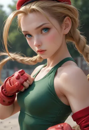 portrait of Cammy from Street Fighter Alpha, wearing a dark green swimsuit, blonde hair, long braided twintails, blue eyes, cute, small nose, athletic body, (She looks ready for a fight, with her fists with red bracers raised), half body view, view from side
