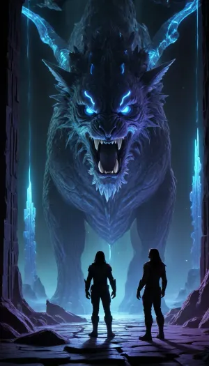 I've captured a pivotal moment in the Obsidian Labyrinth, Kael and his spectral Echo encountering a powerful apex predator. The tension is palpable as the neon-etched Chrono-Navigator stands his ground against the glowing, crystalline beast. The entire scene is bathed in that signature UV blacklight, highlighting the intricate patterns and the atmospheric haze of this fractured dimension. It's a true collision of the story's key elements.