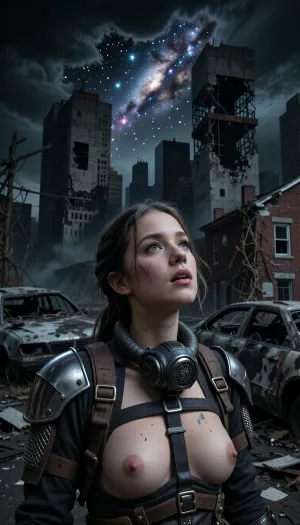 A vertical cinematic portrait captured on 35mm film grain, balancing raw post-apocalyptic realism with a moment of quiet wonder in a post-apocalyptic city. The scene is enveloped in a deep nocturnal midnight atmosphere. High above, a dramatic break in the toxic smog opens to a pitch-black night sky, where a vibrant, hyper-detailed Milky Way galaxy and brilliant stars shine intensely against the deep darkness. In the background, charred car carcasses with burnt-out frames lie abandoned alongside collapsed, destroyed brick houses. Behind them, the dead, hollowed-out concrete husks of Manhattan skyscrapers stand in complete shadow, featuring giant gaping structural holes, shattered walls, exposed rebar, and rusted steel girders overgrown with dry vines. The ruined buildings are entirely pitch-black, dead, and shattered, solely illuminated by the cold celestial glow from above. Centrally framed in a tight medium close-up portrait, a young woman looks upward toward the starry cosmos, her face softly lit by the cool, dim glow of starlight breaking through the dark night. Her face radiates breathless astonishment, with her lips slightly parted in a quiet gasp of revelation as if seeing the star-filled sky for the very first time, the faint corners of her mouth lifted in a subtle, unconscious touch of awe. Her wide, luminous eyes glisten, reflecting the shimmering stars above. She has high cheekbones, detailed features, and dusty, wind-blown hair with small braids framing her face. Unclipped and pulled down to rest at her neck, a heavy industrial gas mask hangs against her collarbone. She wears a realistic post-apocalyptic survivor kit, a dark, weathered leather utility harness with brass buckles, straps, and tactical shoulder pouches, complemented by hammered metal shoulder pauldrons with chainmail elements covering her arms. She wears no top or shirt beneath the harness, exposing her chest and torso, with her smooth skin marked by subtle charcoal greasepaint. Extreme low-key lighting driven exclusively by cold starlight, with deep black shadows emphasizing the dark night mood and the rich textures of skin, leather, metal, chainmail, and crumbling concrete. Shot on a prime 85mm lens, (f/1.8), for a shallow depth of field, keeping her face and detailed harness in sharp focus against the dark starry sky and shadowed ruins. Authentic 35mm film stock, raw texture, cinematic night composition.