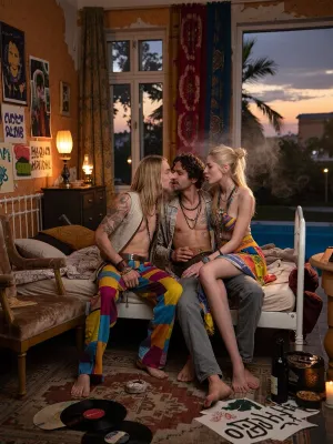 Ultra realistic cinematic editorial photograph of a fictional 1970s West Berlin commune room, large old apartment with cracked plaster, faded orange brown wallpaper, colorful Indian fabrics over tall windows, candlelit lanterns, oil lamps, smoky haze, incense, overflowing ashtrays, cheap wine bottles, vinyl records, scattered protest leaflets, hand-painted slogans, vintage psychedelic rock posters, worn rugs, stained cushions, abraded velvet sofa, sagging armchair, chipped white metal bed with a rumpled mattress and messy blankets, warm low amber light, deep shadows, dust glowing in the air. Three clearly adult commune members arranged closely together in one intimate group, in foreground Jonas and Milan exploring gay sex, swedish, twink, slender, guy, (male:1.4), (tanned:1.2), blonde, blue eyes, smiling, short hair, nude, (getting oral sex from twink guy, (male:1.2), blowjob), dynamic view, hotel swimming pool, palm, evening, Clouds, Cloudy, Sunset, Dark, sky, clouds, revsitting, revstanding, Jonas, 33 years old, very long blond hair, extremely long unkempt blond beard, narrow face, poetic tired eyes, lean scrawny build, tattoos on his arms, wearing colorful handmade patchwork trousers, open woven vest, bead necklaces, leather bracelets. Milan, 30 years old, black hair, long beard, tanned skin, strong athletic build, tattooed arms and chest, handmade patterned shirt, faded trousers, rings, layered jewelry, the gay couple enjoy their own exhibitionistic behavior and is clearly comfortable being admired by Lila next to them, expressing affection openly as part of the celebratory atmosphere, no secrecy, Lila, 24 years old, blonde hippie woman, smokes a cigarette and watches the anal penetration of Milan with Jonas, she has long blonde dreadlocks woven with beads and shells, tattooed arms, soft freckled face, expressive eyes, colorful sewn dress, embroidered scarf, layered necklaces and bracelets. All three share gentle affectionate closeness, soft touches, warm glances, relaxed tenderness, non-explicit communal intimacy. Gritty 1970s documentary feel, ultra-detailed skin, fabric, hair, and jewelry textures, 8K photorealism.