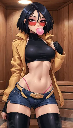 (innv meets jack cayless style), (reiq style, masterpiece, cel-shaded, limited color palette), ((Beautiful Sexy jubilee from marvel rivals game body)), (1girl, solo, alone), (short spiky black hair), (Japanese Korean, gorgeous, seductive face, mature, ads, perfect breast, perfect hands, perfect legs, perfect waist, perfect thighs, perfect hips, perfect ass, sweaty body), (pink lipstick, pink blush, pink eyeshadow, black eyeliner, long lashes), (Bubblegum in mouth), (faux pink x tight crop top shirts with no words on it), (blue faux leather shorts with thong), (with camel toe), (yellow belt with dual side pouches), (blue thigh-high boots), (wearing Minimal Shield Rimless Futuristic Large Racer Pilots Sunglasses Pink), (spandex yellow coat), (fingerless black gloves), (doing action shot pose), (sauna, steam, sauna background), <lora:mk_Bp Anime_xl:2>, <lora:LCMTurboMix_Euler_A_fix:2>, <lora:eGirls_XL_v1:2>, <lora:Marvel_Rivals:2>, <lora:ChewingGum-000002:2>