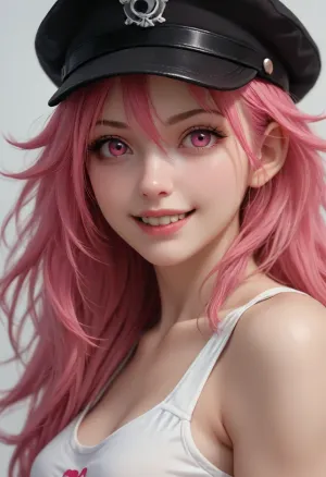 portrait of Poison from Street Fighter Alpha, wearing a white top tank, red pink hair, long spiky hair, black cap, pink eyes, (crazy smile), cute, small nose, athletic body, ((large round breasts)), half body view, view from side