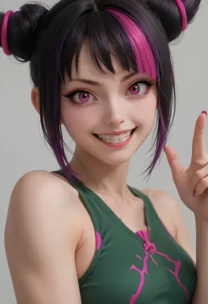 portrait of Juri from Street Fighter, wearing a dark green swimsuit, (black hair with purple highlights:1.5), ((side-swept bangs)), side locks framing her face, spiked buns, pink ribbons, purple eyes, (crazy smile), holding a lolipop, cute, small nose, athletic body, half body view, view from side