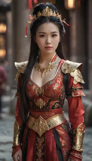 (masterpiece, best quality), 1girl, solo, mature female, tall, cold white skin, (red and black intricate armor:1.2), golden ornaments, ancient chinese warrior style, (stoic and aloof expression:1.1), detailed eyes, amber pupils, waist-length black hair, hair ribbon, (ancient chinese street background:1.1), blurred background, depth of field, soft lighting, cinematic angle, realistic texture, 8k resolution, Trident, <lora:ClearHand-V2:.8>, <lora:Magical duel - SDXL v2.0:.1>, <lora:万享（万象修罗）_64:.7>, <lora:XL_Weapon_Trident_-_By_HailoKnight:.1>, szhf, dress, <lora:szhf:.8>