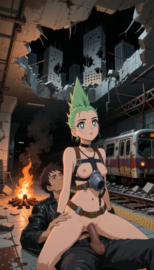90s anime screenshot, vintage OVA image, traditional hand-painted 2D cel animation, authentic physical cel-style shading, analog animation rendering, classic Gainax style, 1995 anime aesthetic, retro color palette, digitized animation cel, 35mm film look. In a post-apocalyptic city, inside a ruined underground subway station plunged into total darkness, a gaping, jagged breach in the collapsed concrete ceiling offers a glimpse of the devastated city above. Below on the platform, a makeshift campfire casts dramatic orange light and long, sharp-edged dark shadows across shattered ceramic tiles, rusted tracks, and a subway car overturned on its side amidst the rubble. Looking up toward the opening, one sees the empty, lifeless concrete shells of ruined skyscrapers rising into the pitch-black darkness, featuring gaping structural breaches, smashed walls, exposed rebar, and rusted steel beams. These ruined skyscrapers are pitch-black, inert, and devastated. In the center of the frame, a couple is fucking, a young woman with a punk look is straddling her partner. She sports a tall, bright green mohawk. She displays the characteristic features of 90s anime faces, large, expressive eyes with sparkling star-shaped highlights and luminous pupils, well-defined upper eyelids, a small pointed nose, a simple, minimalist mouth slightly parted in a breath of pleasure, and typical blush marks on soft, rosy cheeks. She wears only a harness, and an industrial gas mask hangs against her chest. Her partner lies beneath her, his dark leather jacket is unbuttoned and his erect penis is fully visible as he penetrates her explicitly—his penis, positioned against her pelvis, enters her wet, anatomically detailed vagina. Key anime visual, 90s-style gouache-painted background with a matte texture, saturated vinyl-paint-on-cel colors, classic anime color palette, crisp dark ink outlines, flat two-tone shading, (cel shading), hard-edged shadows, slight halo or lens flare effect on highlights, color bleeding typical of CRT screens, slight film grain, retro VHS video noise, 90s anime style, cel shading, screenshot, strictly traditional 2D animation—no 3D, CGI, or digital painting textures.