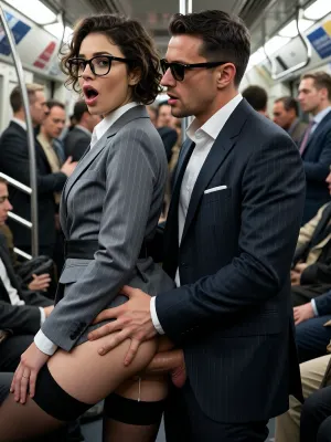 (deep anal sex:1.2), penis, testicles, (standing:1.2), (bottomless:1.2), (cum dripping:.8), (public sex:1.1), (sex in the crowd:1.4), a close-up, eye-level shot captures a man and woman in a crowded public transit setting, likely a subway or train car. The woman, in the foreground, has short, curly brown hair and wears black-rimmed glasses. She is dressed in a grey pinstripe business suit with a white collared shirt and sheer black stockings, her mouth open in an expression of surprise or arousal. The man, behind her, has short dark hair, a light beard, and wears sunglasses and a dark pinstripe suit with a white shirt. He is holding her firmly around the waist and hips, and fucks her from behind into her vagina.. The background shows other commuters in business attire, blurred to emphasize the central couple. The lighting is bright and even, typical of artificial interior lighting, highlighting the subjects clearly. The overall composition is intimate and dynamic, focusing on the interaction between the two figures. The style is hyper-realistic with high detail, capturing the textures of the clothing, skin, and hair, creating a dramatic and intense atmosphere. The image is shot from a slightly low angle, enhancing the sense of immediacy and intimacy.