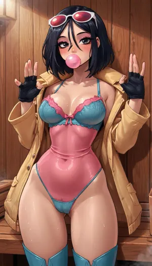 (innv meets jack cayless style), (reiq style, masterpiece, cel-shaded, limited color palette), ((Beautiful Sexy jubilee from marvel rivals game body)), (1girl, solo, alone), (short spiky black hair), (Japanese Korean, gorgeous, seductive face, mature, ads, perfect breast, perfect hands, perfect legs, perfect waist, perfect thighs, perfect hips, perfect ass, hard nipped, pubic hair, sweaty body), (pink lipstick, pink blush, pink eyeshadow, black eyeliner, long lashes), (Bubblegum in mouth), (pink tight lingerie bra), (blue lingerie thong), (with camel toe), (blue thigh-high boots), (wearing Rimless Futuristic Large Racer Pilots Sunglasses Pink), (spandex yellow coat), (fingerless black gloves), (doing action shot pose), (sauna, steam, sauna background), <lora:mk_Bp Anime_xl:2>, <lora:LCMTurboMix_Euler_A_fix:2>, <lora:eGirls_XL_v1:2>, <lora:Marvel_Rivals:2>, <lora:ChewingGum-000002:2>