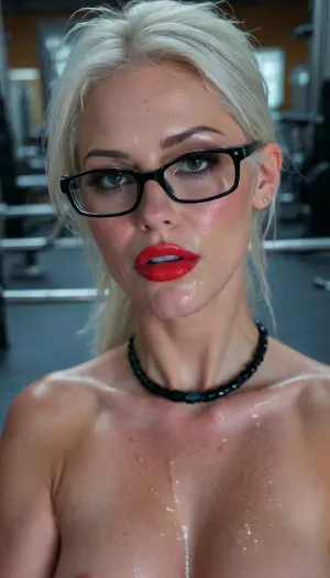 Extremely muscular 50 yo beautiful woman working out in a gym, benchpress, holding a barbell, lying in a gym, red lipstick, white hair in ponytail, used, worn out, sleeping, ponytail, face full of cum, full front view, wearing a black choker around her neck, big oversized glasses, pussy exposed, used pussy, pussy view, destroyed pussy, pussy covered in semen, worn out pussy, a lot of pubic hair, cum dump, bukkake, cum, <lora:igbaddie-XL:1.3>, <lora:Glowing_beach:1.6>, <lora:BUT_SDXL_SHS:1.6>, <lora:MS_Real_XL_Bukkake:1.1>
