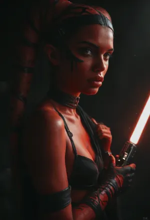 Uber realistic, 8k, ultra detailed, masterpiece, (beautiful_face:1.8), (darth_talon), star wars, (twilek:1.5), (red_skin:1.85), bald, small breasts, glowing yellow eyes, amber eyes, (red lightsaber in hand), warm glow, Sith, industrial, ac3fus1on, dark, night, pitch black, artstyle, huge lips, (full lips:1.5), black lips, glossy, <lora:ac3fus1on:.8>, <lora:MJ52:.8>, <lora:dark:.8>