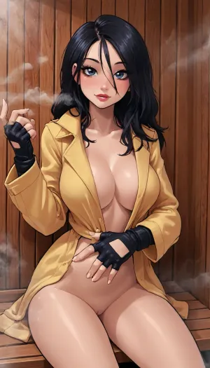 (innv meets jack cayless style), (reiq style, masterpiece, cel-shaded, limited color palette), ((Beautiful Sexy jubilee from marvel rivals game body)), (1girl, solo, alone), (short spiky black hair), (Japanese Korean, gorgeous, seductive face, mature, ads, perfect breast, perfect hands, perfect legs, perfect waist, perfect thighs, perfect hips, perfect ass, hard nipped, pubic hair, sweaty body), (pink lipstick, pink blush, pink eyeshadow, black eyeliner, long lashes), (Bubblegum in mouth), (tight lingerie bra), (lingerie thong), (with camel toe), (blue thigh-high boots), (wearing Pink Rimless Large Futuristic Sunglasses Pink), (spandex yellow coat), (fingerless black gloves), (doing action shot pose), (sauna, steam, sauna background), <lora:mk_Bp Anime_xl:2>, <lora:LCMTurboMix_Euler_A_fix:2>, <lora:eGirls_XL_v1:2>, <lora:Marvel_Rivals:2>, <lora:ChewingGum-000002:2>