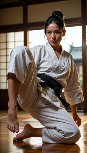 Masterpiece, ultra-realistic cinematic martial arts photography of an elite Japanese female karate fighter, 32 years old, She is unmistakably a native Japanese woman in her early thirties, with authentically Japanese facial features rendered with exceptional realism. Her face reflects the refined beauty commonly associated with traditional Japanese women, a softly oval facial structure, naturally delicate proportions, understated elegance, a modest narrow mouth, expressive dark almond-shaped eyes, subtle natural makeup, flawless balance and quiet strength. Her appearance is distinctly Japanese rather than generically East Asian. Her jet-black hair is arranged in a neat traditional-inspired martial arts bun, practical for combat yet elegant, with a few loose strands dampened by sweat framing her face. Her expression conveys unwavering discipline, controlled aggression and absolute mental focus, captured at the exact peak of a flawless jodan mawashi geri against an imaginary opponent. Her entire body fills the frame from head to bare feet, every muscle engaged in explosive balance, precision and rotational power. One foot grips the polished wooden dojo floor while the extended kicking leg reaches head height with perfect technique. She radiates absolute discipline, fearless determination and unwavering concentration. Her face displays authentic Japanese features with extraordinary realism, a refined oval face, softly sculpted cheekbones, a delicate straight nose, naturally full lips pressed firmly together, elegant almond-shaped dark brown eyes with subtle epicanthic folds, long natural eyelashes, perfectly balanced dark eyebrows lowered in fierce focus, tense jaw muscles and an intense, unwavering gaze that conveys complete commitment to the strike. Her black hair is tightly secured in a practical martial arts bun with a few damp strands escaping from intense training. Warm bronze skin glistens with perspiration and a subtle layer of body oil, revealing realistic pores, delicate facial hairs, tiny veins and breathtaking anatomical detail under dramatic golden light. She wears only a heavyweight white karate jacket, opened wide and flowing dynamically with the violent rotational movement, its thick woven cotton creating dramatic folds while naturally and tastefully preserving modesty throughout the action. Dramatic golden evening sunlight streams through large dojo windows, illuminating floating dust particles and producing cinematic rim lighting. Outside, softly blurred seventeenth-century Japanese temple rooftops add subtle atmosphere without drawing attention. The polished wooden floor reflects gentle highlights beneath her supporting foot. Ultra-shallow depth of field, razor-sharp focus, HDR, extraordinary micro-contrast, breathtaking photorealism, award-winning sports photography, IMAX-quality realism, ultra-high resolution, masterpiece, 8K, maximum detail.