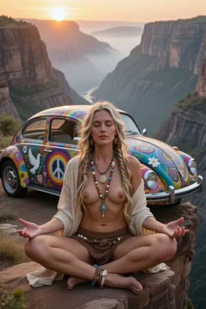 Masterpiece, ultra-realistic fine art landscape photography, breathtaking cinematic realism. A dramatic mountain landscape unfolds at sunrise, dominated by an immense canyon disappearing into layers of mist-filled depth. At the very edge of the cliff, parked only inches from the precipice, stands a beautifully restored 1973 Volkswagen Beetle completely covered in colorful hand-painted hippie artwork. Every visible surface is decorated with peace symbols, white doves, flowers, mandalas, rainbows and vibrant psychedelic patterns, transforming the car into a joyful work of art. Softly blurred in the background, the Beetle adds warmth and personality without competing for attention.

In the sharply focused foreground, directly in front of the Beetle at the cliff's edge, sits an extraordinarily beautiful 33-year-old hippie woman in perfect lotus meditation. She is the unmistakable centerpiece of the composition. Her posture is flawless, spine naturally upright, shoulders relaxed, hands resting gently upon her knees with palms facing upward, thumb and index finger lightly touching in a classic meditation mudra. Her eyes remain peacefully closed, her expression radiating profound inner stillness, wisdom and complete harmony, messed us hair, areola, petite tits, perky long nipples, high detailed skin, 8k uhd, dslr, high quality, detailed skin texture, highly detailed hair, sharp body, highly detailed body, realistic, soft focus, insanely detailed, highest quality, skin pores, skin imperfections, high resolution photography on a canon camera, Every facial feature is rendered with extraordinary realism, revealing delicate skin texture, individual eyelashes, subtle pores and serene natural beauty.

**Long blonde dreadlocks cascade over her shoulders, adorned with handcrafted beads, shells and natural ornaments that catch the first golden rays of morning sunlight, creating a soft luminous halo. She wears an open, loosely draped beige shawl with muted patchwork details in earthy colors, naturally resting across her shoulders while revealing sun-kissed skin in an elegant, nonchalant way. Handmade necklaces and an ankle bracelet crafted from shells, wood and natural bone complete her authentic appearance. Thick morning ground fog drifts around the cliff edge as warm backlighting creates magical volumetric light. Razor-sharp focus on the woman, blurred Beetle and canyon, HDR, extraordinary micro-contrast, masterpiece, award-winning photography, IMAX-quality realism, ultra-high resolution, 8K, impossible realism.