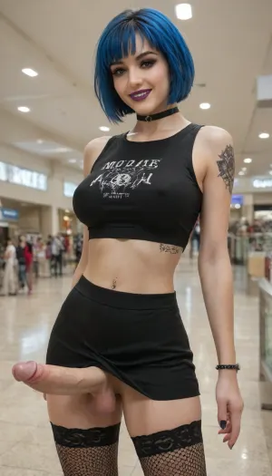 Realistic, emo woman, 18 year old, black skirt, black top, black fishnet stockings, blue hair, very short hair, black makeup, purple lipstick, tattoos, piercings, (little skirt, in the mall, big erect penis bulging under skirt, sexy smile), Shopping, Mall, <lora:JJsShoppingMall_XL:.8>, <lora:bulgev1-beta:.8>, erect-futa, erect-penis, woman, testicles, erection, <lora:SDXLlora13ErFut:.8>