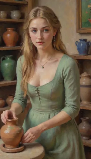 1girl, solo, petite, impressionism style painting, impressionist portrait of a sensual french girl, female potter, 22yo, delicate natural beauty, high cheekbones, long blonde hair, thin, slim, green eyes, freckles, freckels on her arms and chest, tan skin, simple medieval dress, earrings, necklace, medium breasts, cleavage, sensual, ((making a clay vases on her pottery wheel)), (sitting), shelf with finished clay vases background, barn, (perfect lighting), (best quality), drawing, oil painting, illustration, Close up, side view, impressionist, painting, impressionism, <lora:EldritchImpressionismXL1.5:2>, <lora:EnvyImpressionismXL01:.8>