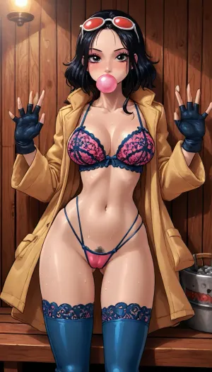 (innv meets jack cayless style), (reiq style, masterpiece, cel-shaded, limited color palette), ((Beautiful Sexy jubilee from marvel rivals game body)), (1girl, solo, alone), (short spiky black hair), (Japanese Korean, gorgeous, seductive face, mature, ads, perfect breast, perfect hands, perfect legs, perfect waist, perfect thighs, perfect hips, perfect ass, hard nipped, pubic hair, sweaty body), (pink lipstick, pink blush, pink eyeshadow, black eyeliner, long lashes), (Bubblegum in mouth), (tight lingerie X crisscross bra), (lingerie thong), (with camel toe), (blue thigh-high boots), (wearing Pink Rimless one piece Futuristic Sunglasses), (spandex yellow coat), (fingerless black gloves), (Energy Plasmoids in open hands), (doing action shot pose), (sauna, steam, summer, beach, tropical, flowers, plants sauna background), <lora:mk_Bp Anime_xl:2>, <lora:LCMTurboMix_Euler_A_fix:2>, <lora:eGirls_XL_v1:2>, <lora:Marvel_Rivals:2>