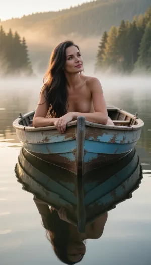 Masterpiece, ultra-realistic fine art photography, museum-quality realism, breathtaking cinematic composition. A confident, breathtakingly beautiful 33-year-old woman with a naturally athletic, graceful figure sits alone in a weathered wooden rowboat drifting across a perfectly still mountain lake at dawn. The camera is positioned low, just above the mirror-like waterline, looking slightly upward toward the pointed bow, creating extraordinary depth and placing her prominently in the immediate foreground. She leans deeply over the bow, both elbows resting naturally on the worn wooden gunwales, comfortably supporting her upper body. Her chin rests gently upon one hand as she gazes peacefully into the morning mist with a warm, meditative smile that radiates serenity, kindness, wisdom and complete inner harmony. Although unclothed, her body is naturally concealed by the height of the bow, her forearms and the carefully chosen camera angle, ensuring the focus remains entirely on her expressive face, posture and tranquil presence rather than her body.

**Her long, flowing dark-blonde hair cascades softly around her shoulders, catching the first golden rays of sunrise and glowing with remarkable realism. Every strand of hair, every eyelash and every subtle facial feature is rendered with extraordinary precision. Her skin displays lifelike pores, delicate natural texture and subtle variations illuminated by the warm morning light. Dense ground fog blankets the silent lake, dissolving the distant forest and shoreline into soft layers of white mist while golden sunlight filters through, creating delicate volumetric rays and an ethereal atmosphere. The weathered wooden boat shows cracked paint, faded blue planks and decades of natural aging. The perfectly calm lake reflects the entire composition with breathtaking clarity, creating an almost symmetrical image filled with silence, peace and timeless beauty. Razor-sharp focus on her face, ultra-shallow depth of field, cinematic color grading, HDR, extraordinary micro-contrast, award-winning fine art photography, IMAX-quality realism, masterpiece, ultra-high resolution, 8K, impossible realism.