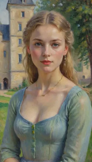1girl, solo, petite, impressionism style painting, impressionist portrait of a sensual french girl, princess, 22yo, delicate natural beauty, high cheekbones, long blonde medieval hairstyle, thin, slim, green eyes, freckles, freckels on her arms and chest, tan skin, wearing blue kirtle dress, earrings, necklace, medium breasts, cleavage, sensual, looking at the camera, outside of an old castle, (perfect lighting), (best quality), drawing, oil painting, illustration, Close up, side view, impressionist, painting, <lora:EldritchImpressionismXL1.5:2>, impressionism, <lora:EnvyImpressionismXL01:.8>