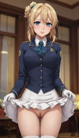 HD footage, excellent line drawing, hentai beauty is cosplaying Violet Evergarden, wearing a cropped_Prussian_blue_military-style_jacket, white_blouse, ruffled_ribbon_tie, white_pleated_silk_mini_skirt, brooch, (gloves), gold_ornaments. extremely detailed face, double low braided buns, golden blonde hair, sparkling eyes, looking at viewer, slim tall body, slim waist, narrow hips, slim legs, thigh gap, (((vagina))), pubic hair, (((skirt lift))), upskirt, flashing pussy, skirt, lift, lifted, by, self, model pose, front view, eye level, background art by Eero Aarnio, <lora:skirt lift XL V2:.8>, <lora:violet_evergarden_XL_v1(anima):.6>