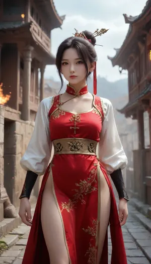 1girl, Chinese lady of 26 years old, beautiful, (masterpiece, best quality, ultra-detailed), mature female, tall and slender, cold white skin, waist-length black hair, dark red hair ribbon, hair tips glowing with dark gold, amber eyes, faint crimson divine patterns on neck and collarbone, wearing red and black modified ancient Chinese dress, flowing fire patterns on hem, standing gracefully, serene and aloof expression, embers floating in air, ancient Chinese architecture background, cinematic lighting, soft focus, <lora:ClearHand-V2:.9>, <lora:Wizards__Mages:1.4>, <lora:Magical duel - SDXL v2.0:.4>, <lora:万享（万象修罗）_64:.8>, Chinese_armor, Qinjia, Menggujia, QXjia, <lora:Qige中国甲胄(Chinese_armor)SDXL_v1.0:.8>