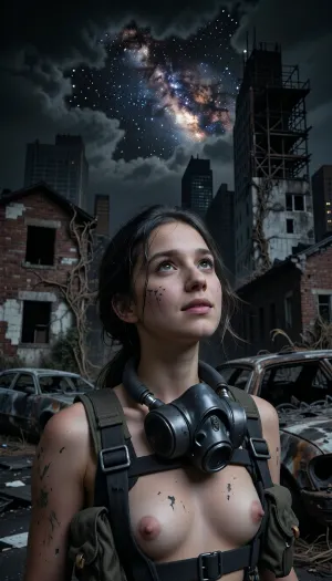 A vertical cinematic portrait captured on 35mm film grain, set in a deep nocturnal post-apocalyptic atmosphere, balancing raw realism with a moment of quiet wonder. The scene is enveloped in dark midnight shadows. High above, a dramatic break in the toxic smog opens to a pitch-black night sky, where a vibrant, hyper-detailed Milky Way galaxy and brilliant stars shine intensely against the deep darkness. In the background, charred car carcasses with burnt-out frames lie abandoned alongside collapsed brick houses with hollowed facades. Behind them, the dark, crumbling husks of Manhattan skyscrapers display exposed rebar, rusted steel beams, and shattered concrete overgrown with dry vines. Centrally framed in a tight medium close-up portrait, a young woman looks upward toward the starry cosmos, her face softly lit by the cool, dim glow of starlight breaking through the dark night. Her expression is one of pure wonder and subtle relief, marked by a slight, gentle smile and wide, luminous eyes reflecting the starlight. Her dusty, loose, wind-blown hair frames her face. Unclipped and pulled down to rest at her neck, a heavy industrial gas mask hangs against her collarbone. She wears a tactical survivor harness made of dark canvas straps, rusty buckles, and utility pouches, worn directly over her skin without a top. Her skin is marked by subtle charcoal greasepaint. Low-key lighting with deep blacks and high contrast emphasizes the dark night mood and the rich textures of skin, canvas, and ruined concrete. Shot on a prime 85mm lens, (f/1.8), for a shallow depth of field, keeping her face, gas mask, and harness in sharp focus against the dark starry sky and shadowed ruins. Authentic 35mm film stock, raw texture, cinematic night composition.