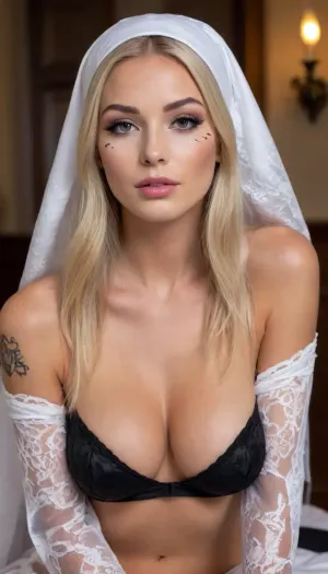 (Sexy Sweet Tempting Woman), Professional sexy seduction modelposes, supermodel, perfect lighting, ultra realistic, 8k resolution, ultra detailed, instagram model, professional photography, ((cosplay Nun)), luxurious ash blond hair, (Close your eyes, Sexy lace eye mask:1.5), (Sexy tattoo:1.3), ((Sheer fabric, chain), (Battle Nun Outfit)), (Black garter belt, stockings), natural big round breasts, nordic, flirty, bashful, seductive, lusty, playful, Healthy slim body, Tall, very long legs, hourglass figure, Sweet face, perfect face, lifelike face, real face, very beautiful face, detailed face