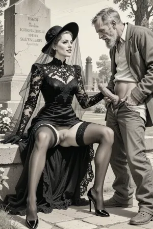 This is is a detailed monochromatic pencil drawing in a classical illustrative style depicts a scene set in Russian, in 1950s, full portrait of a beautiful widow sitting in a cemetery park monument near the cemetery monument, the legs are spread apart, show pussy with slutty smile she is wearing a long sleeved intricate lace black widow gown, widow hat, black transparent veil, stockings, front view, upskirt shot, looking away, middle distance, ptheels, high, heels, standing nearby is a sleazy old homeless man with his pants unbuttoned, she is masturbating his dick, She looks at him, handjob, The overall mood is intense, rendered in fine, expressive line work and subtle shading, evoking the style of 1950s satirical or moralistic illustrations.
