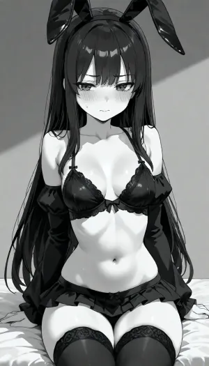 1 person, sitting, Tell and slender girl, thin body, black hair, long hair, black bunny ears, narrow waist, thin thighs, thin legs, nude, (woman wearing sexy black lingerie), black ruffle sexy microskirt, black long ruffle stockings, black ruffle sleeves, open shoulders, blushing, open stomach, small breasts, (negative_v2, Color_Balance_Calibration:.8), aidxlv05_neg, Go, Toboun, No, Hanayome, Style, blush, breasts, monochrome, greyscale, large, eyebrows, visible, through, hair, bangs, solo, focus, masterpiece, best, quality, very, aesthetic, absurdres, <lora:Go_Toboun_No_Hanayome_Season_2_Style:1.2>, <lora:CALM WHITE-NAI:1.8>, <lora:Basuke-P3v1-NbVp10:1.3>