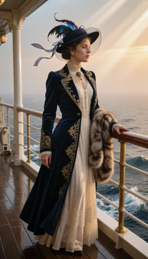 A young woman at the end of Belle Époque in the 1910s stands mesmerized at the edge of the RMS Titanic promenade deck during a breathtaking, atmospheric dawn. In this dramatic and emotionally charged cinematic shot, an exceptionally stunning 22-year-old aristocrat is captured in a dynamic three-quarter view, leaning gracefully against the gleaming brass handrail of the ocean liner. She is gazing far out into the misty North Atlantic Ocean, her eyes reflecting the glowing horizon with a subtle sense of longing and impending fate.Her 1910s haute couture promenade attire is a masterpiece of historical luxury, a flowing, floor-length midnight-blue velvet walking coat lined with rich golden silk embroidery, left slightly open to reveal a delicate, high-collared ivory chiffon gown with intricate beaded lace detailing along the bodice. A luxurious faux-fur stole is draped casually over one arm. A wide-brimmed Edwardian hat with dark sheer netting and iridescent feathers is angled dramatically, with fine silk ribbons fluttering wild and long in the crisp ocean breeze.The environmental storytelling is intense, low-angled golden sunlight punches through the thick morning ocean mist, creating dramatic light rays, (God rays), across the scene. The camera is positioned on the deck facing outward toward the open sea, showing the dark, damp, polished teak floorboards reflecting the amber sky and the icy blue ocean waves crashing below. The background consists purely of the vast, misty North Atlantic horizon. The composition uses an 85mm lens with a shallow depth of field, sharp cinematic focus on her expressive face, flying tendrils of hair, and the exquisite, tactile textures of velvet, silk, and wet wood. Captured with rich cinematic color grading, raw emotion, and high-art aesthetic impact.