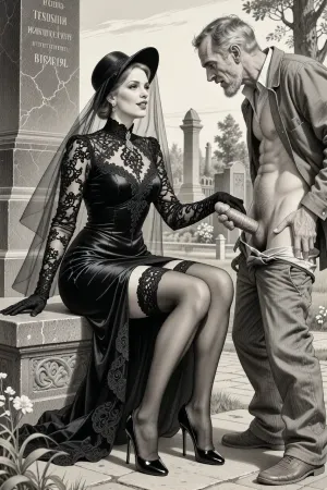 This is is a detailed monochromatic pencil drawing in a classical illustrative style depicts a scene set in Russian, in 1950s, full portrait of a beautiful widow sitting in a cemetery park monument near the cemetery monument, the legs are slightly spread apart, show pussy with slutty smile she is wearing a long sleeved intricate lace black widow gown, widow hat, black transparent veil, stockings, front view, upskirt shot, looking away, middle distance, ptheels, high, heels, standing nearby is a sleazy old homeless man with his pants unbuttoned, she is masturbating his dick, She looks at him, handjob, The overall mood is intense, rendered in fine, expressive line work and subtle shading, evoking the style of 1950s satirical or moralistic illustrations.